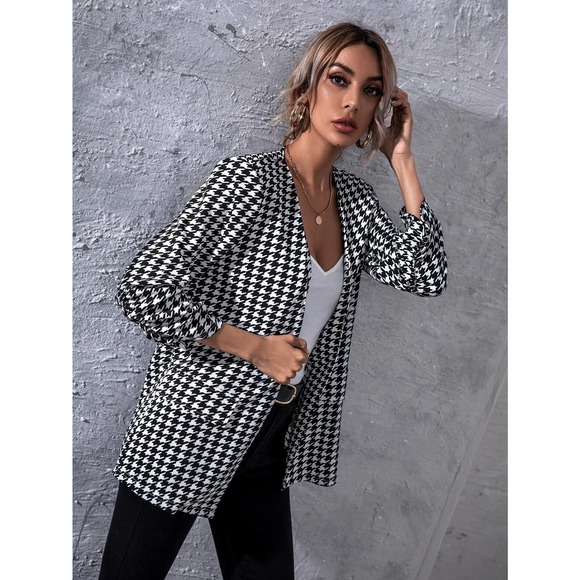Minimalist Business Casual Open Front Houndstooth Blazer black white - Picture 3 of 5